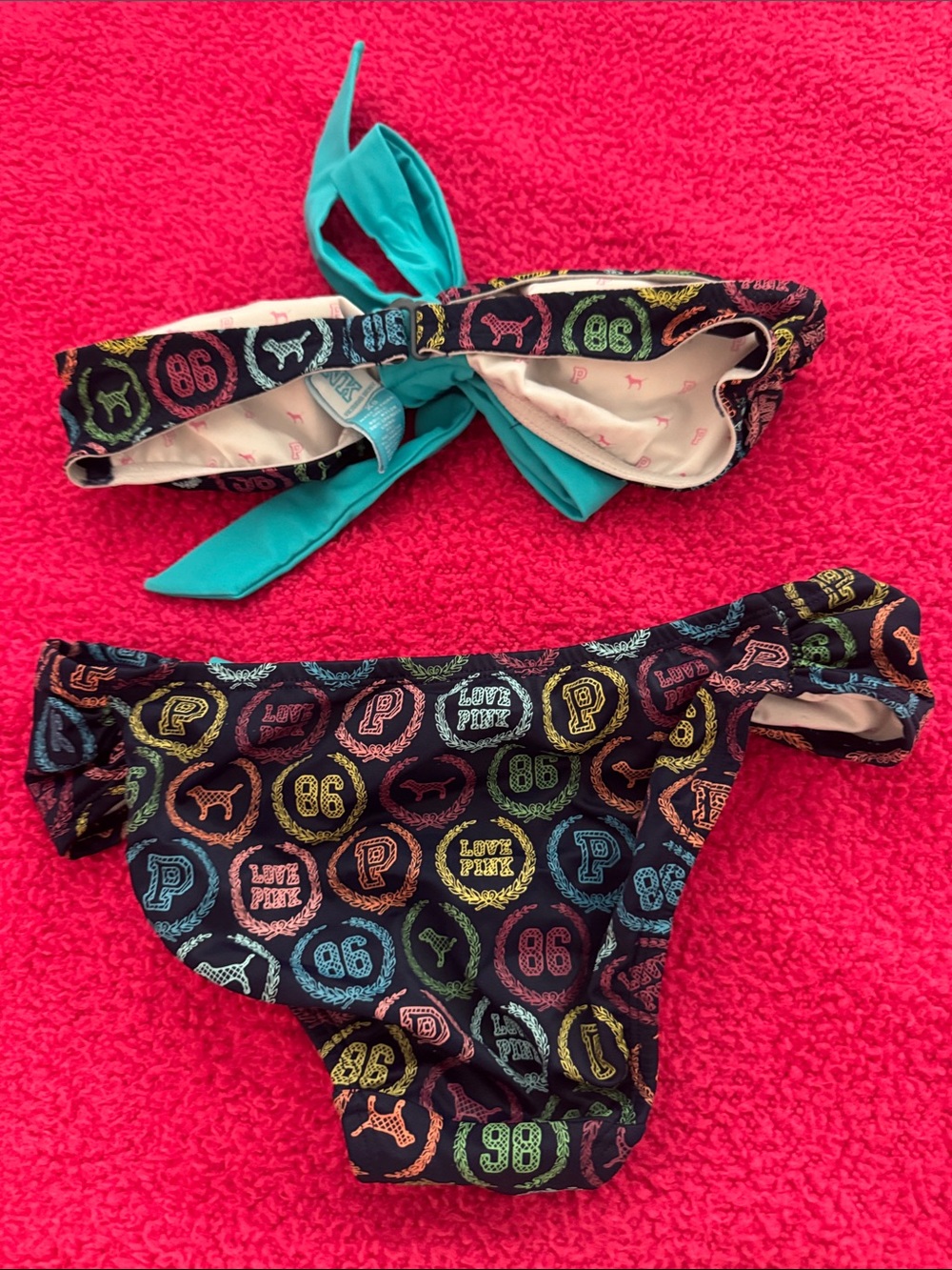 Victoria's Secret Black Multicolor Patterned Bandeau Bikini with Teal Tie - Picture 8 of 8